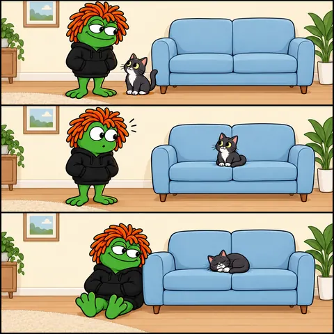 Pippy on the sofa, then the cat takes the sofa.
